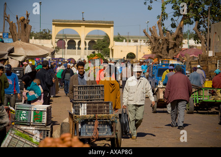 Agadir, Marokko, West-Africa.Busy Marktplatz mit Menschen, Händler, Karren. Stockfoto