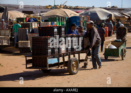 Agadir Markt, Marokko, West-Afrika Manwith Push Cart mit Kisten beladen Stockfoto