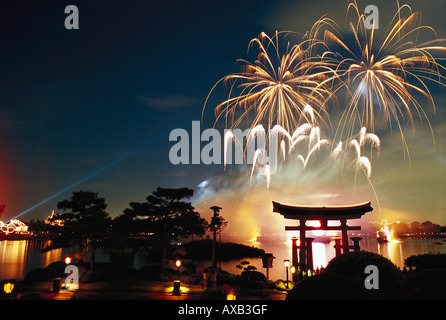 Feuerwerk über dem See im Epcot Center bei Nacht, Disneyworld, Orlando, Florida, USA, Amerika Stockfoto