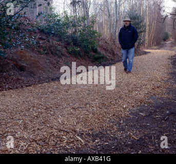 Mann zu Fuß auf einem Hackschnitzel-Pfad. Hindhead, Surrey, England, UK. Stockfoto