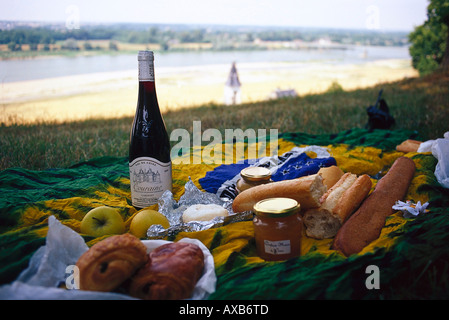 Picknick am Ufer der Loire, Loire, Loiretal, Frankreich Stockfoto