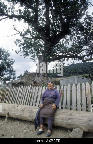 Old lady sitting, village, Caucasus Mountains, Svanetia, Georgia, Former USSR Stockfoto