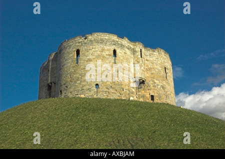 Cliffords Tower. York, England. Einen sonnigen Tag im Frühjahr mit Narzissen am Hang des Hügels Stockfoto