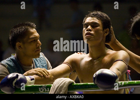 Muay Thai Boxen Kämpfer immer Ermutigung von seinem Team zwischen Runden (Rajadamnern Stadion, Bangkok, Thailand). Stockfoto