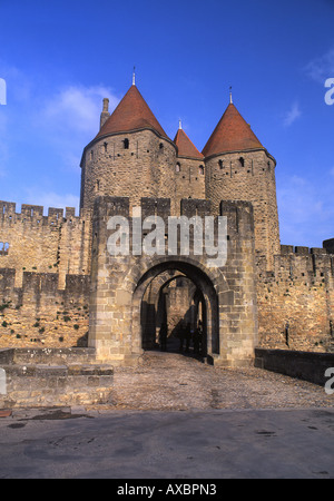 Porte Narbonnaise Gateway Carcassonne zitieren Zitadelle Aude Departement Languedoc-Roussillon-Süd-West-Frankreich Stockfoto