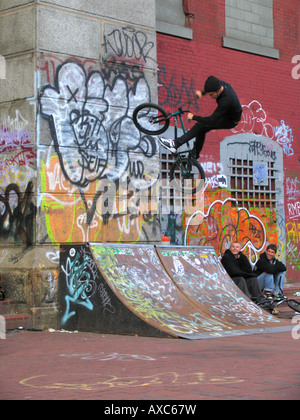 BMX-Fahrer nach dem Sprung von der Rampe vor Wand mit Graffiti unter Manhattan Bridge, USA, Manhattan, New York Stockfoto