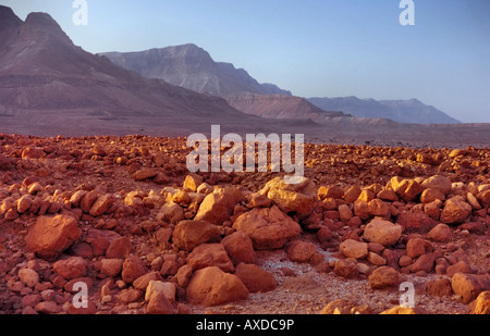 Felsen in der Judäischen Wüste in der Nähe der berühmten Berg Masada (in Backgruond), beleuchtet von den ersten Strahlen der Sonne. Stockfoto