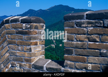 Die chinesische Mauer bei Mutianyu nahe Peking Stockfoto