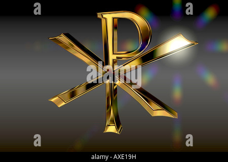 Goldene Rendering einer christlichen Pax Christi Sign mit einer Regenbogen-Lens Flare. Schwarzer Hintergrund. Stockfoto