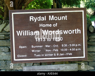 Gedenktafel an der Rydal Mount Rydal Amberside Cumbria England Großbritannien 2004 Stockfoto