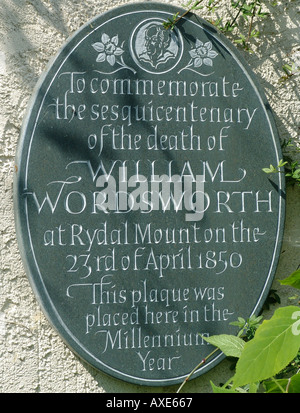 Gedenktafel an der Rydal Mount Rydal Amberside Cumbria England Großbritannien 2004 Stockfoto