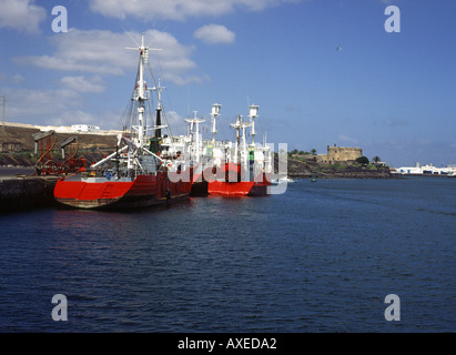 dh Tiefsee-Fischereiflotte ARRECIFE HAFEN LANZAROTE Boote am Kai und Schloss San Jose Hafenschiffe Stockfoto
