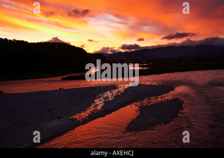 Sonnenuntergang Ahuriri Fluss Omarama North Otago Neuseeland Südinsel Stockfoto