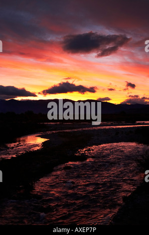 Sonnenuntergang Ahuriri Fluss Omarama North Otago Neuseeland Südinsel Stockfoto