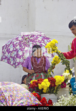 GUATEMALA CHICHICASTENANGO lokalen Quiche Maya-Frauen Anbieter verkaufen Blumen auf den Stufen der Kirche Santo Tomas Stockfoto