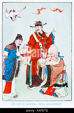 Götter des Glücks Büro und Langlebigkeit Fu Shen Tsai Shen Shou Hsing 1920er Jahre Illustration eines chinesischen Künstlers Stockfoto