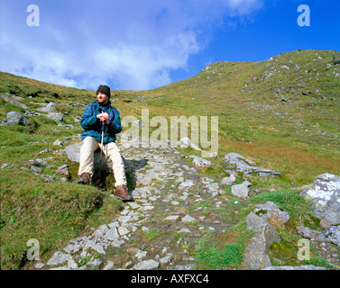 Hügel Walker ruht auf dem Weg zum Gipfel des Beinn Ghlas, Ben Lawers, Perthshire, Schottland Stockfoto