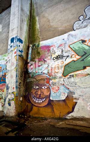 Graffiti in einer Brownfield-Website-Fabrik in Vichy (Frankreich). Graffiti Dans Une Usine Désaffectée de Vichy (Allier - Frankreich). Stockfoto