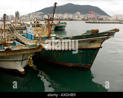 Hölzerne Fischerboote im Hafen. Stockfoto