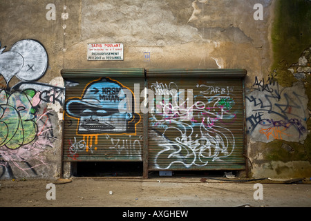 Graffiti in einer Brownfield-Website-Fabrik in Vichy (Frankreich). Graffiti Dans Une Usine Désaffectée de Vichy (Allier - Frankreich). Stockfoto