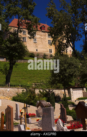 Friedhof & Chateau de Gruyeres (Schloss Gruyères), Gruyere, Kanton Freiburg, Schweiz Stockfoto