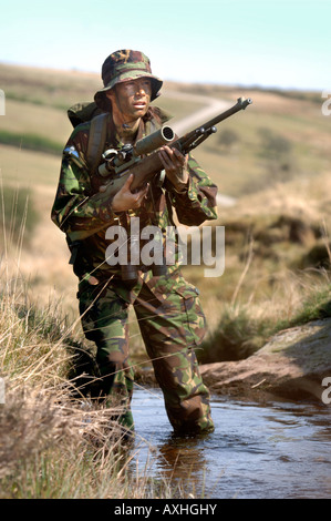 EINE BRITISCHE ARMEE FRAU AUF EINEM STIEL TRAINING WÄHREND EINER SNIPER IN WALES BRECON Stockfoto