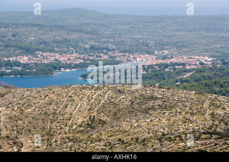 Stein-Reihen in Felder und die Stadt Stari Grad hinter Insel Hvar Kroatien Stockfoto