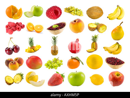 Set aus 30 verschiedenen Früchte und Beeren isoliert auf weiss Stockfoto