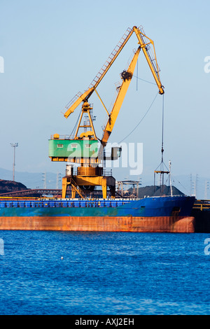 Großer Versand Fracht entladen durch massive Kran im Hafen von Piombino Toskana Italien Stockfoto