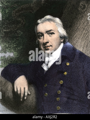 Edward Jenner, die Impfung gegen Pocken entdeckt. Hand - farbige Gravur Stockfoto