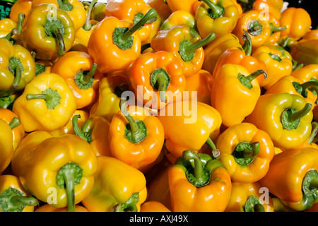 Vegetarische Bauernhof Essen Straßenmarkt Anbieter Kauartikel Shop Shop traditionelle mobile Stand Keeper Einzelhandel Apfel orange Gebüsch Pfeffer Stockfoto