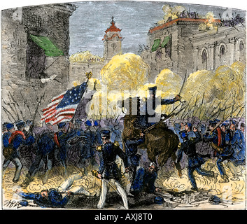 General Zachary Taylor angreifenden Monterey Mexiko während der US-mexikanischen Krieg 1846. Hand - farbige Holzschnitt Stockfoto