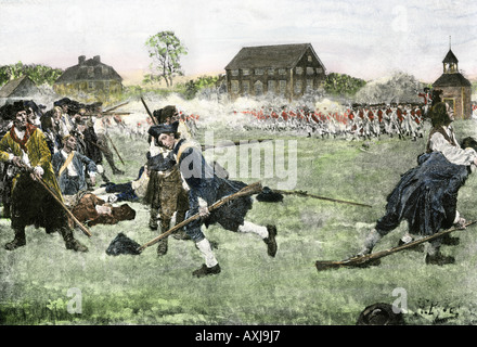 Die Schlacht von Lexington Green Anfang des revolutionären Krieges 19. April 1775. Hand - farbige Holzschnitt von Howard Pyle Abbildung Stockfoto