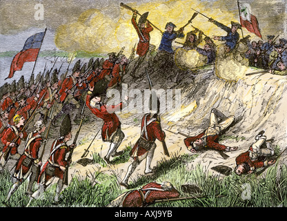 Britischen Angriff auf die amerikanische Position auf Rassen Hill in der Schlacht von Bunker Hill 1775. Hand - farbige Holzschnitt Stockfoto