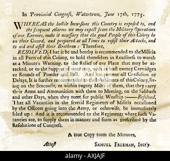 Mitteilung an die kolonialen Milizen bereit zu sein, auf eine Minute Warnung vom Watertown Massachusetts am 17. Juni 1775 zu handeln. Holzschnitt mit einem Aquarell waschen Stockfoto