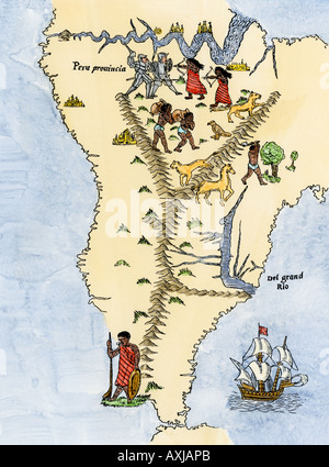 Karte von Südamerika aus der Sebastian Cabot Karte der Welt 1544. Hand - farbige Holzschnitt Stockfoto