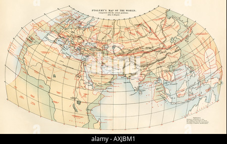 Ptolemäus Karte der Welt in Rot mit Standorten in Schwarz angezeigt. Farblithographie Stockfoto