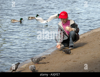 Mädchen am Teich Tauben füttern. Stockfoto