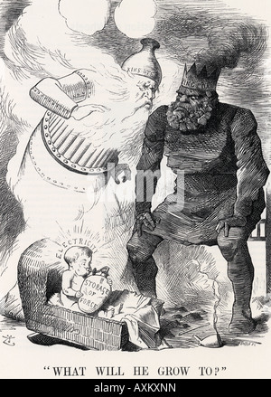 Strom - König Kohle und König Dampf diskutieren die Zukunft des Stroms in einem Magazin Punch-Cartoon von 1881 Stockfoto