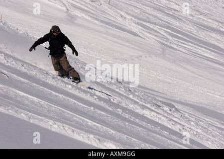 Ein erfahrener Snowboarder erkundet die Pisten des Skigebiets Niseko, Hokkaido, Japan. Stockfoto