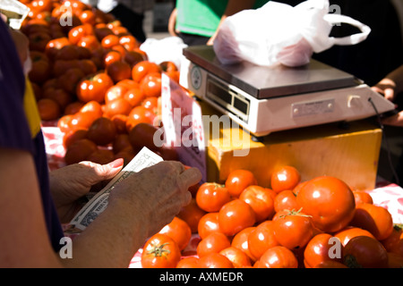 Frau einkaufen auf der Santa Monica Farmers Market Barzahlung für Tomaten Stockfoto