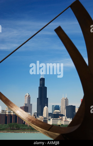 Adler Planetarium Sonnenuhr und Stadt Skyline Chicago Illinois USA Stockfoto