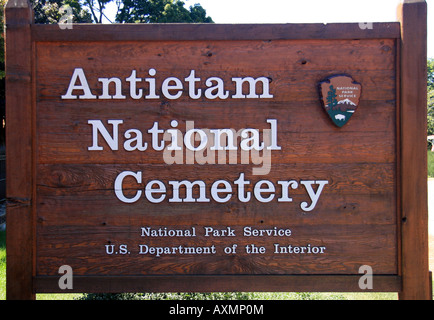 Ortseingangsschild Antietam National Cemetery, Sharpsburg, Maryland. Stockfoto