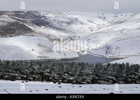 Blick über Kinder Reservoir und William Clough von in der Nähe von Hayfield, Derbyshire, England, im Schnee. Kinder Scout erhebt sich auf der rechten Seite. Stockfoto