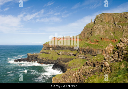 Der Giant's Causeway, Nordirland. Entlang des Basalt-Klippenpfads zu den Felsspitzen, die als Schornsteine bekannt sind Stockfoto