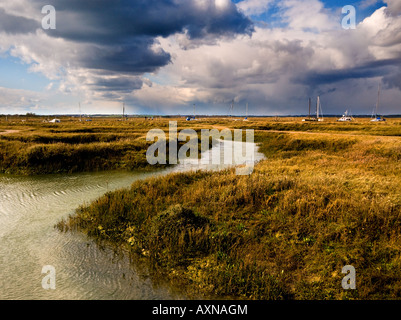 Dramatische Wolken über dem saltings an Tollesbury Marina in Essex. Stockfoto