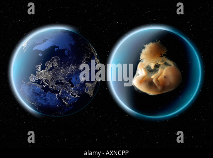 menschlicher Embryo in Blase und Mutter Erde Stockfoto