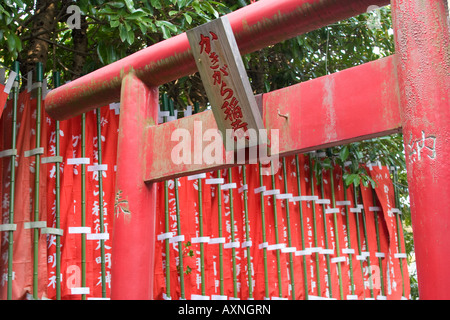 Roten Torii-Tor mit roten Fahnen im Hasedera-Tempel in Kamakura, Japan Stockfoto