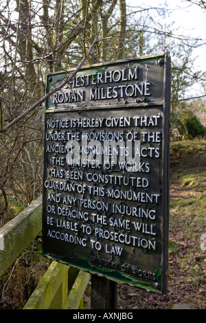 Informationstafel über einen römischen Meilenstein am Chesterholm Northumberland UK Stockfoto