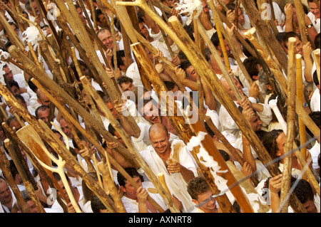 Mauren und Christen kämpfen es heraus in Pollensa, Mallorca Stockfoto